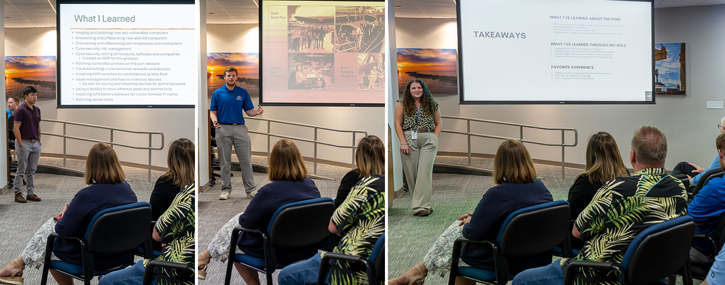 Three interns at Canaveral Port Authority present to staff about what they learned during their 2025 summer internships.