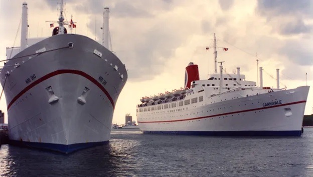 Carnival Cruise Line’s Carnivale (right), shown here with sister ship, Mardi Gras, launched the company’s first schedule from Port Canaveral in 1990.