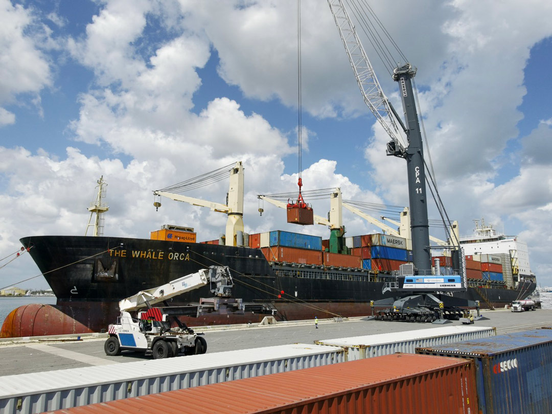 THE WHALE ORCA vessel loaded with shipping containers. Port Canaveral's Leibherr mobile harbor crane lifts a container.