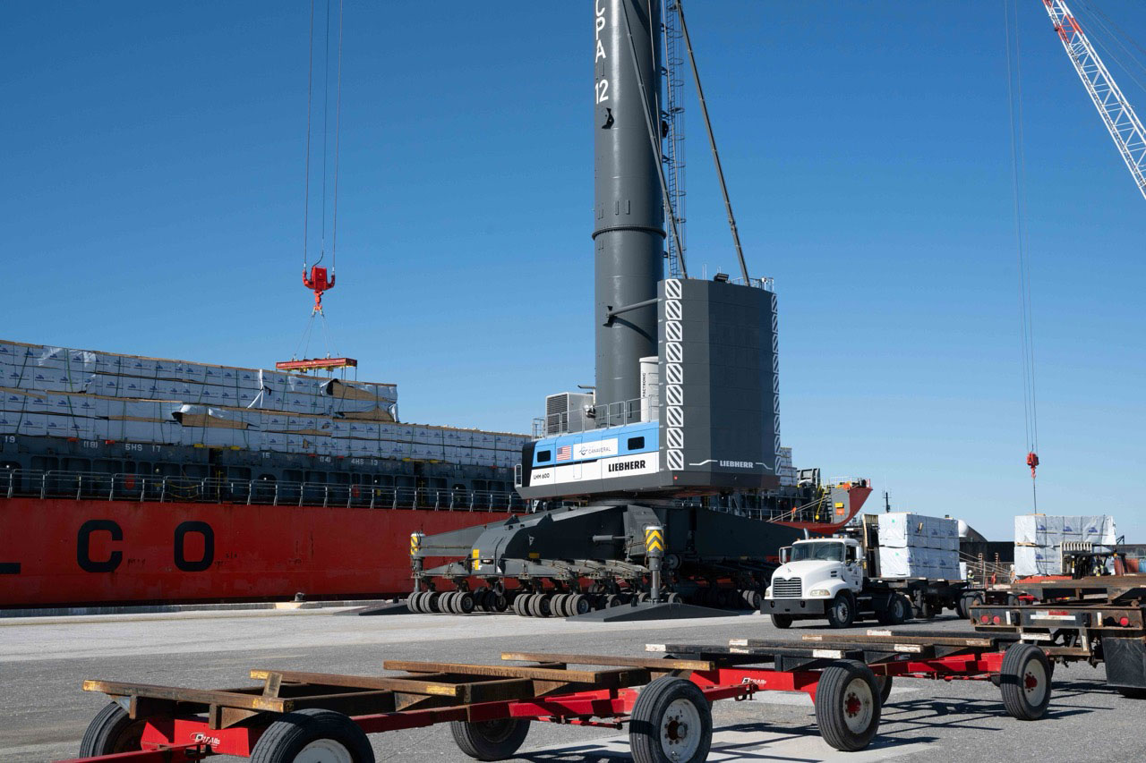 Lumber is offloaded from a vessel at Port Canaveral.