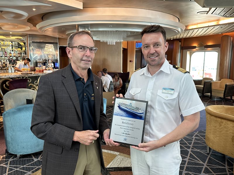 Canaveral Port Authority Commissioner RADM Wayne Justice (USCG-Ret.) welcomes Marella Discovery Capt. Chris Douglass to Port Canaveral for inaugural visit (Photo: Canaveral Port Authority)
